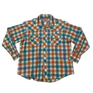 Wrangler Shirt Mens L Large Pearl Snap Button Metallic Plaid Cowboy Rodeo